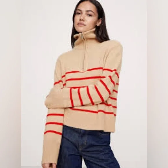 Banana Republic Cream Striped 100% Cashmere Quarter-Zip sweater size Medium chic - Picture 1 of 11